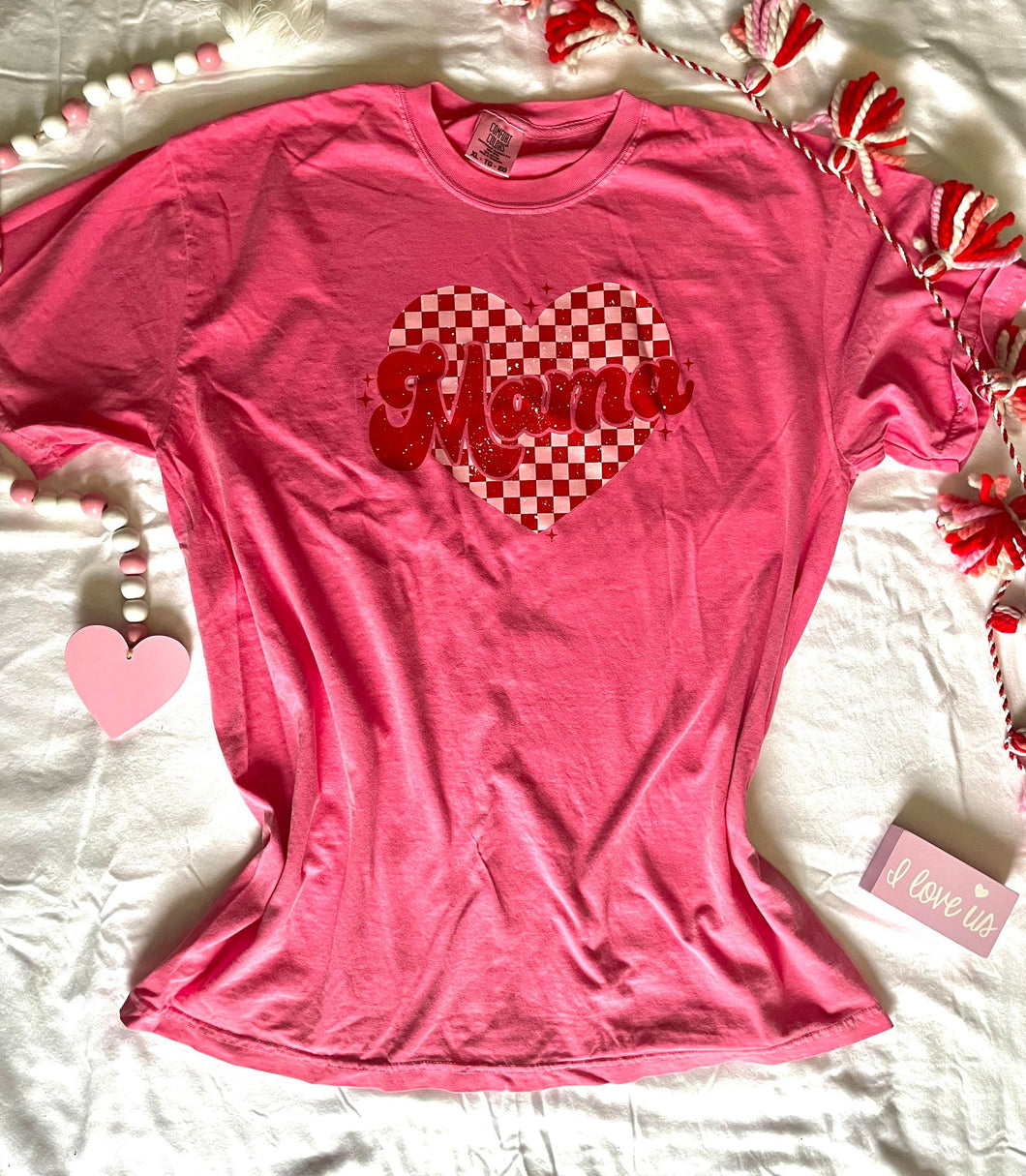 Mama Checkered Heart || Pink Mama Tee