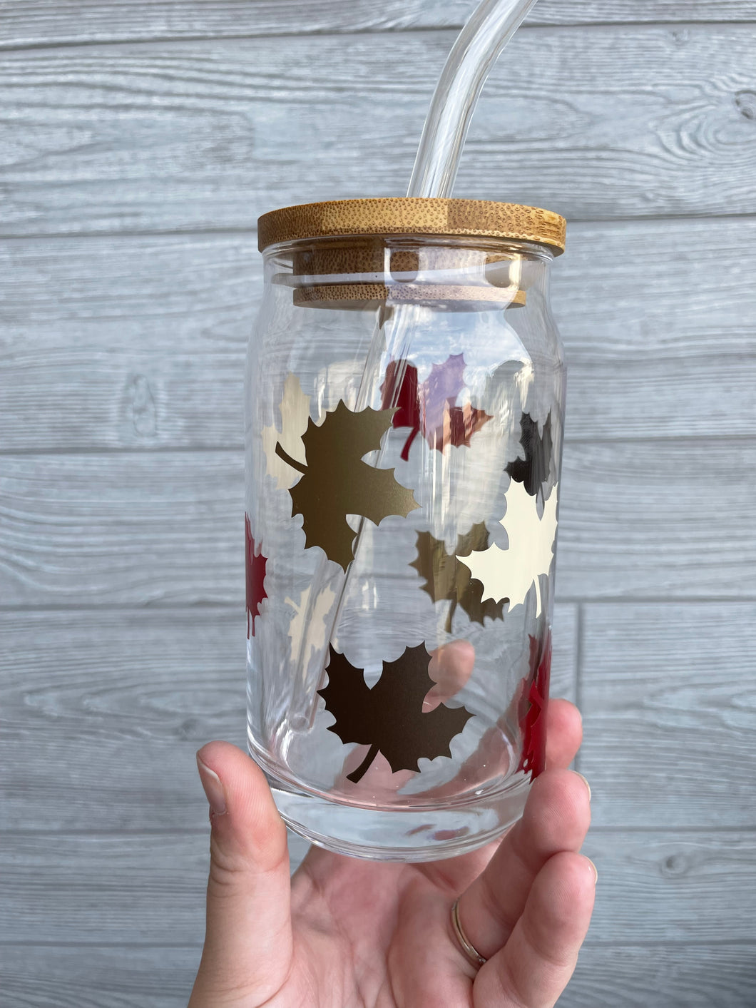 Fall Leaves Glass Can || 16oz Iced Coffee Glass Can