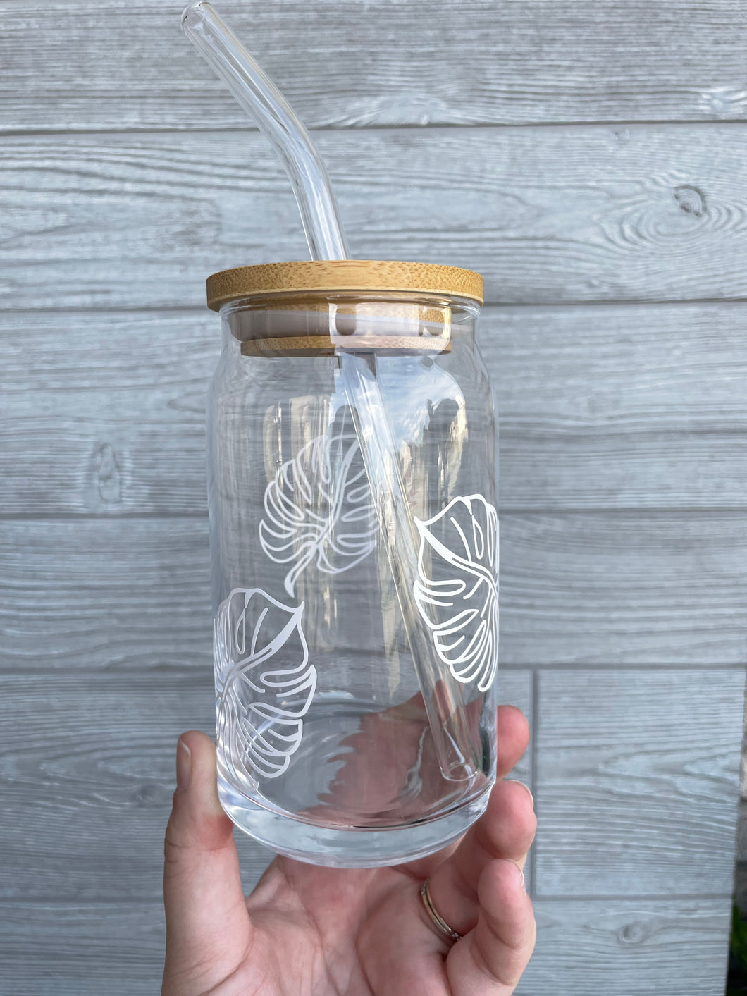 Monstera Leaf Glass Can || 16oz Iced Coffee Glass Can
