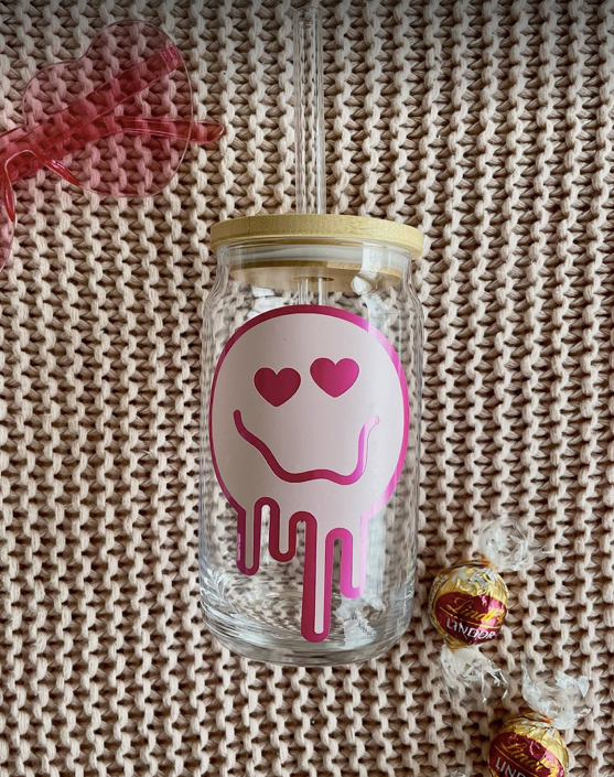 Drippy Smiley Face Glass Can || 16oz Glass Can