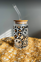 Load image into Gallery viewer, Smiley Cheetah Print Glass Can || 16oz Glass Can
